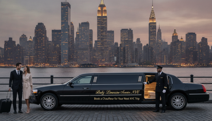 Couple beside limousine with chauffeur, NYC skyline backdrop