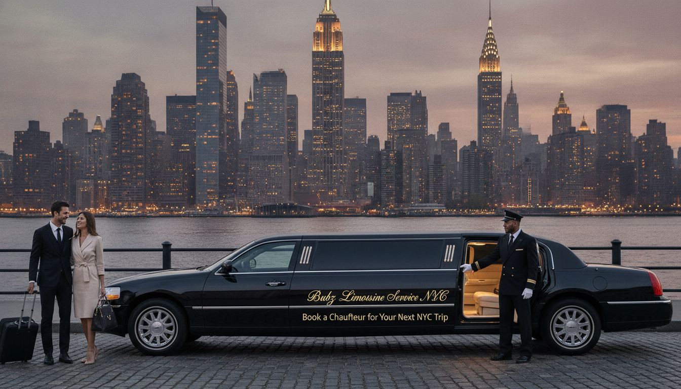 Couple beside limousine with chauffeur, NYC skyline backdrop