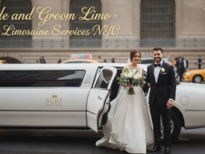 Bride and groom beside white stretch limousine NYC