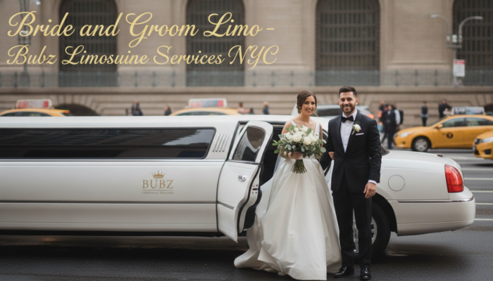 Bride and groom beside white stretch limousine NYC