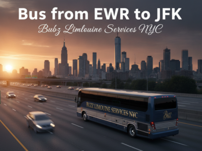 Bus from EWR to JFK with NYC skyline