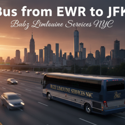 Bus from EWR to JFK with NYC skyline