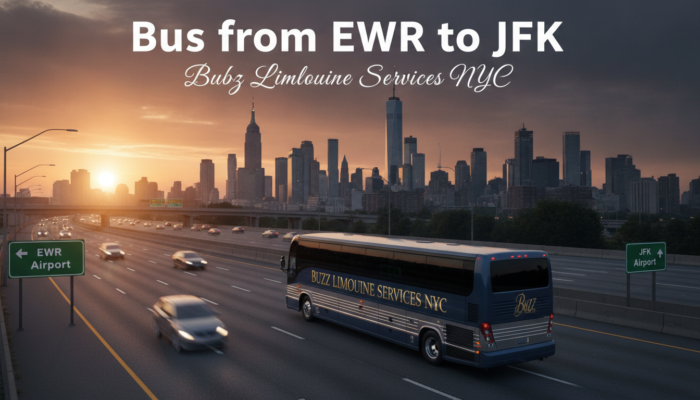Bus from EWR to JFK with NYC skyline