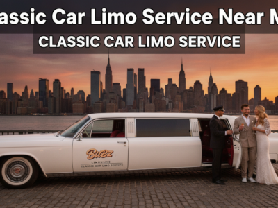 Classic white stretch limousine with couple at sunset skyline