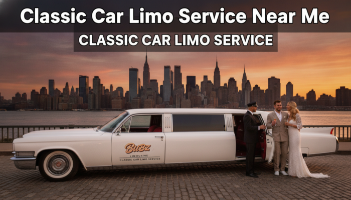 Classic white stretch limousine with couple at sunset skyline