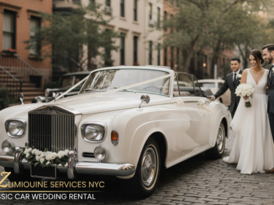 Bride and groom beside vintage white wedding car