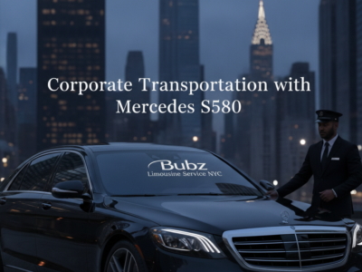Chauffeur beside black Mercedes S580 in city skyline