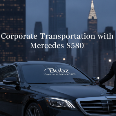 Chauffeur beside black Mercedes S580 in city skyline