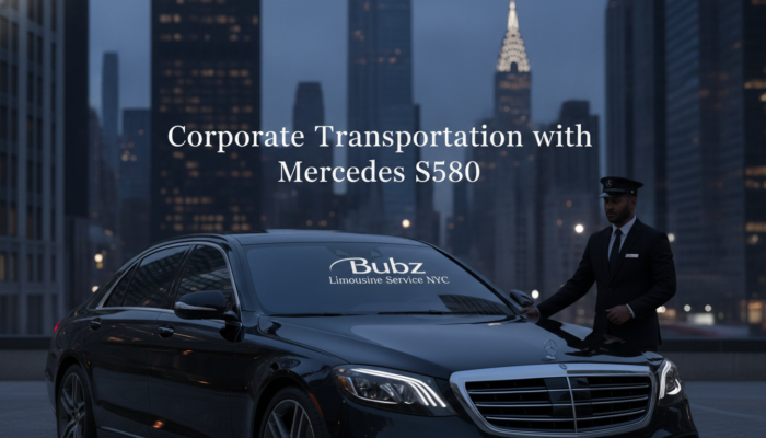 Chauffeur beside black Mercedes S580 in city skyline
