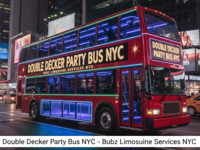Red double-decker party bus in Times Square at night