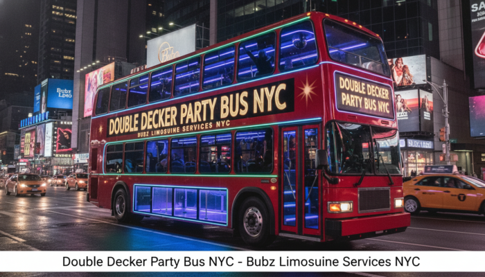 Red double-decker party bus in Times Square at night