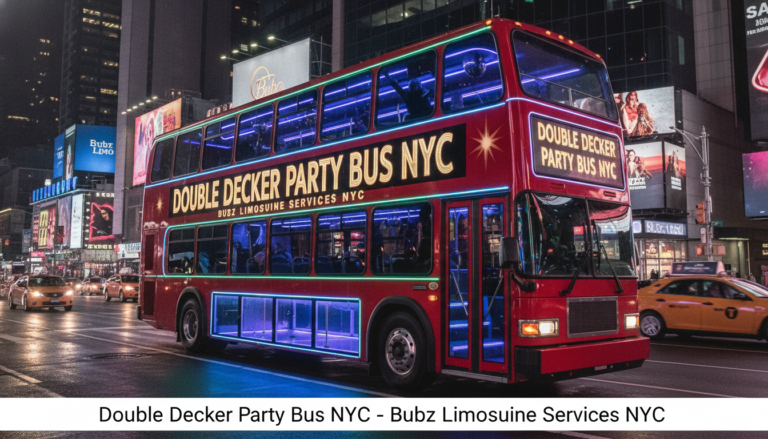 Red double-decker party bus in Times Square at night