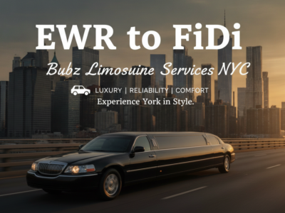 Black stretch limousine driving toward NYC skyline at sunset