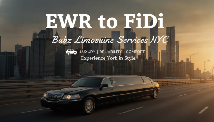 Black stretch limousine driving toward NYC skyline at sunset