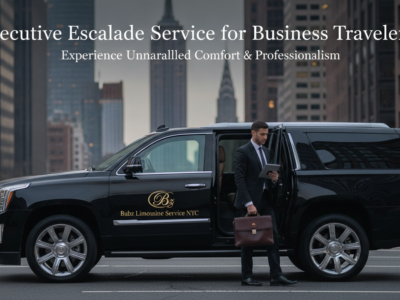 Businessman exiting black limousine in city street