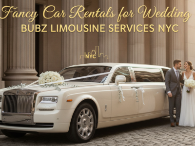 Bride and groom beside white wedding limousine NYC