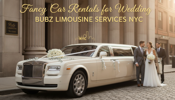 Bride and groom beside white wedding limousine NYC