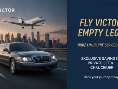 Stretch limousine and private jet over city skyline