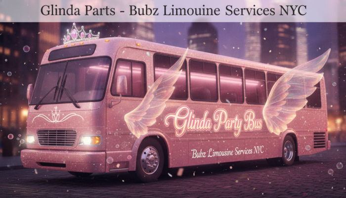 Pink Glinda Party Bus with wings in NYC