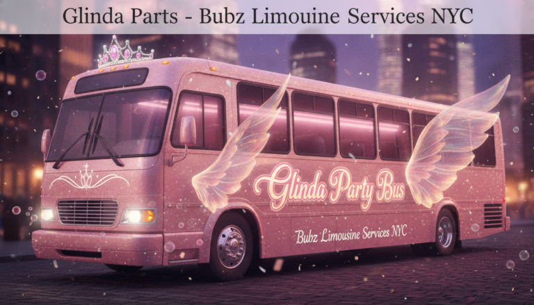 Pink Glinda Party Bus with wings in NYC