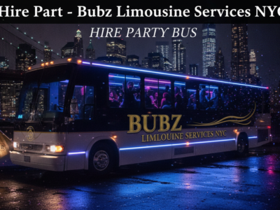 NYC party bus limousine at night skyline