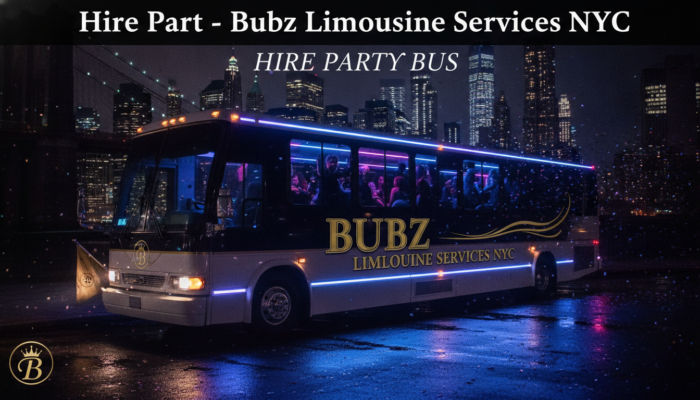 NYC party bus limousine at night skyline