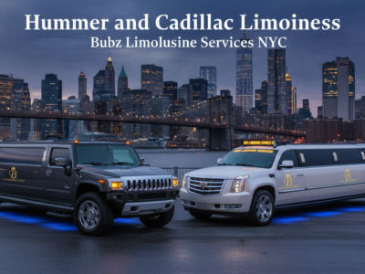 Hummer and Cadillac limousines with NYC skyline at dusk
