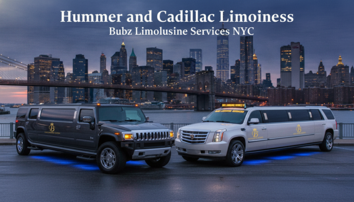 Hummer and Cadillac limousines with NYC skyline at dusk