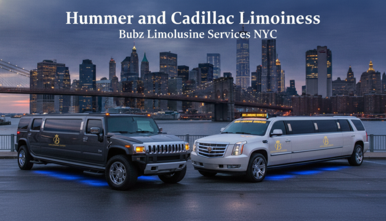Hummer and Cadillac limousines with NYC skyline at dusk