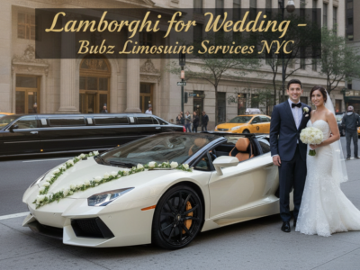 Bride and groom beside decorated white Lamborghini convertible