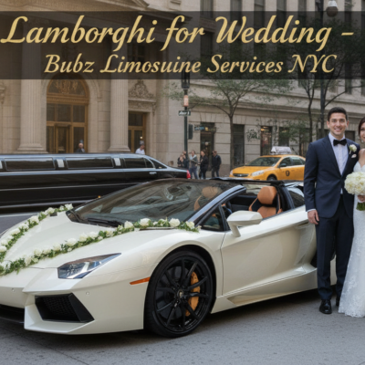 Bride and groom beside decorated white Lamborghini convertible