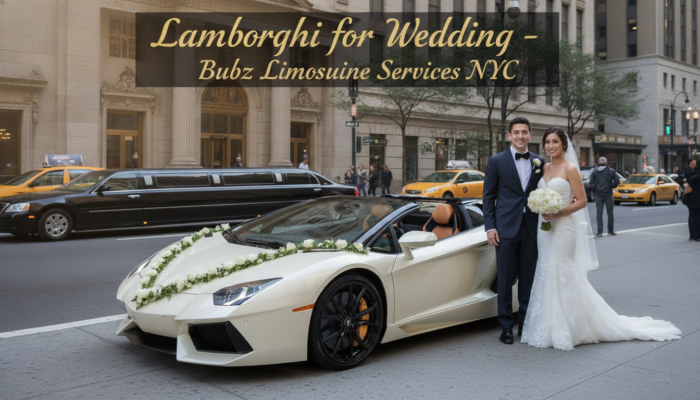 Bride and groom beside decorated white Lamborghini convertible