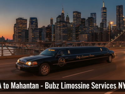 Black stretch limousine on bridge with Manhattan skyline