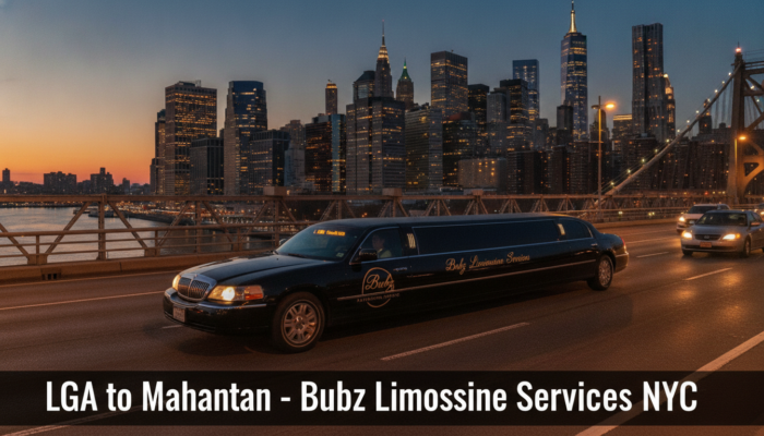 Black stretch limousine on bridge with Manhattan skyline
