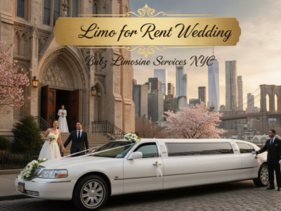 Wedding couple by white limousine near Brooklyn Bridge