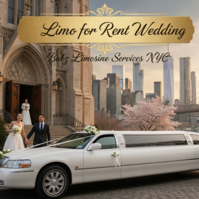 Wedding couple by white limousine near Brooklyn Bridge