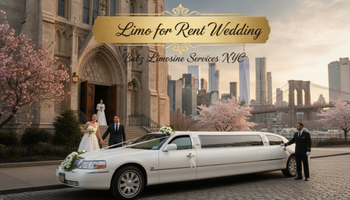 Wedding couple by white limousine near Brooklyn Bridge