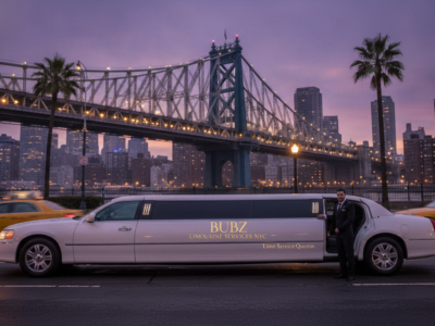 White stretch limousine near Queensboro Bridge at dusk