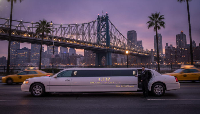White stretch limousine near Queensboro Bridge at dusk