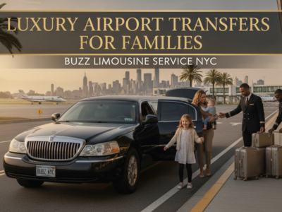 Family exiting limousine at airport with chauffeurs and luggage