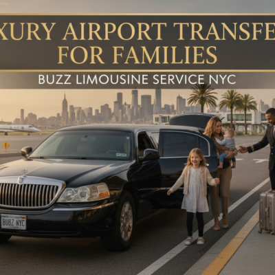 Family exiting limousine at airport with chauffeurs and luggage