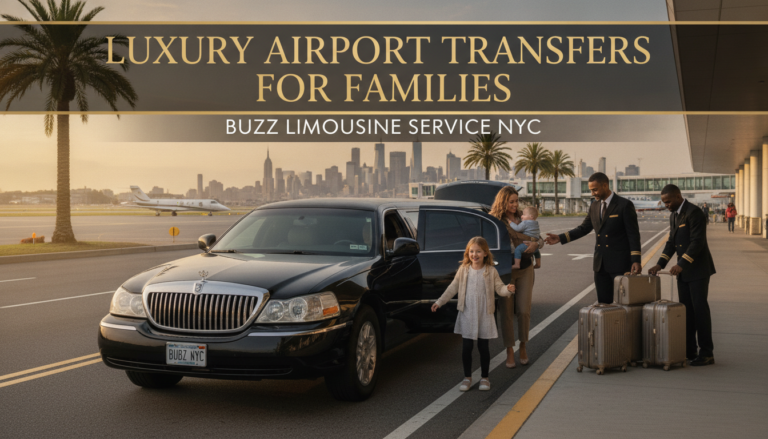 Family exiting limousine at airport with chauffeurs and luggage