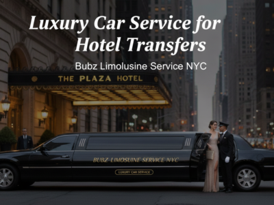 Luxury limousine outside Plaza Hotel with chauffeur and couple