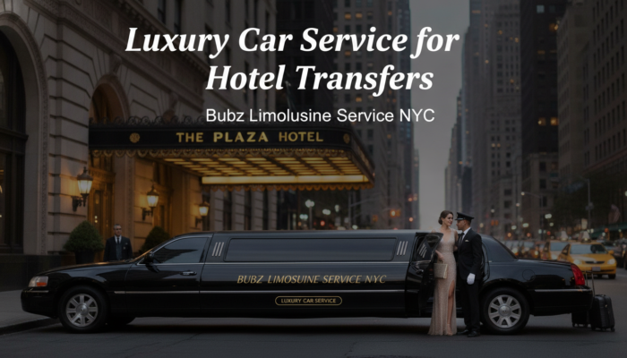 Luxury limousine outside Plaza Hotel with chauffeur and couple