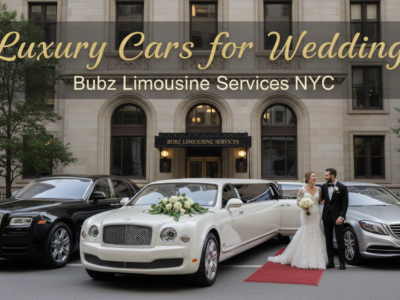 Luxury wedding limousines with bride and groom NYC