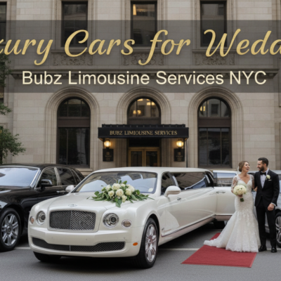 Luxury wedding limousines with bride and groom NYC