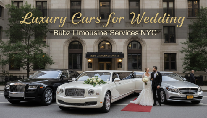 Luxury wedding limousines with bride and groom NYC