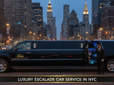 Black stretch limousine with chauffeur in NYC skyline