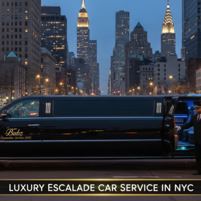 Black stretch limousine with chauffeur in NYC skyline