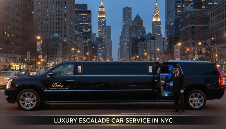 Black stretch limousine with chauffeur in NYC skyline